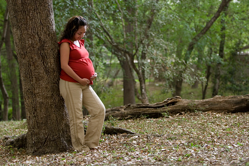 Pregnant woman leaning on tree