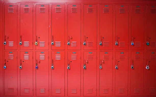 Photo of red high school lockers