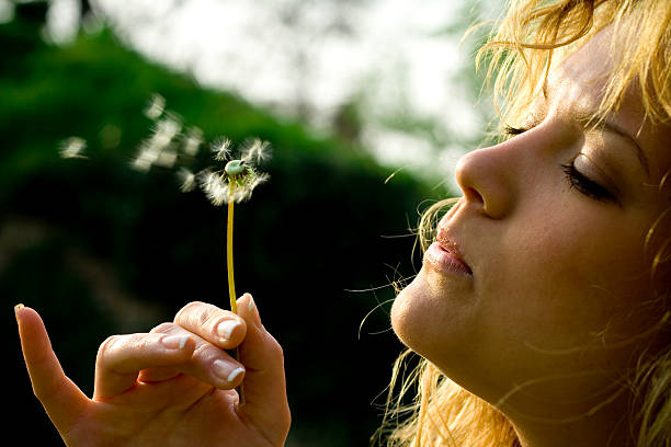 istock Young woman blows on a seedy pod plant 172764257