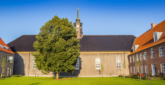 Wooden wall of the historic Moravian church in Christiansfeld, Denmark