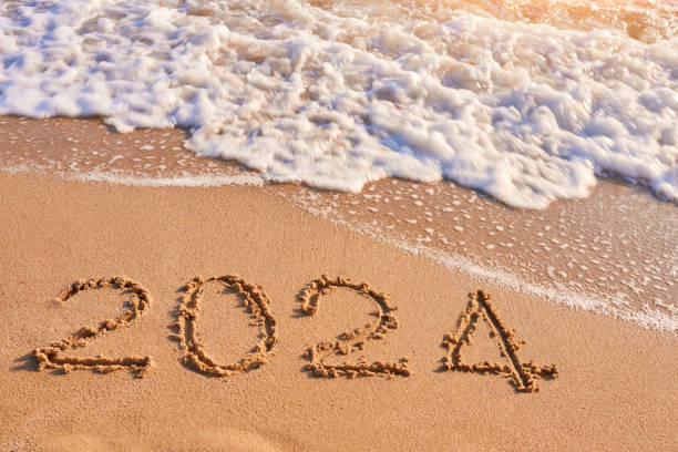 istock 2024 year written on sandy beach sea at sunny day 1727658678