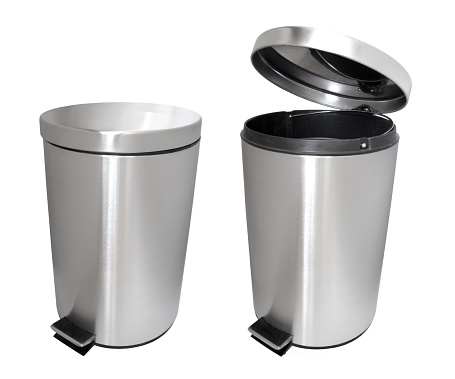 Stainless steel garbage cans with open and closed lid. 