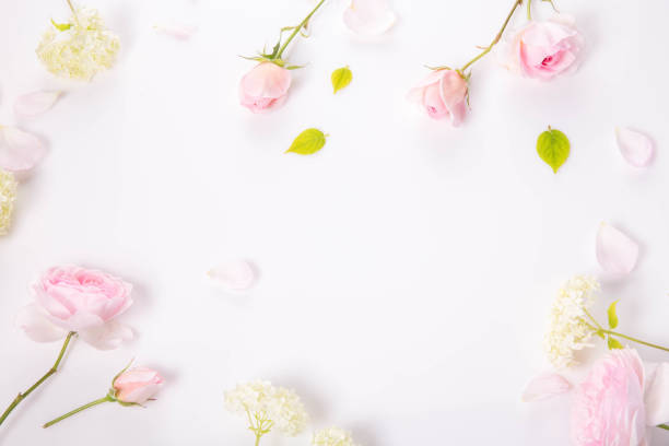 istock Festive flower composition on marble background. Overhead view 1727666280