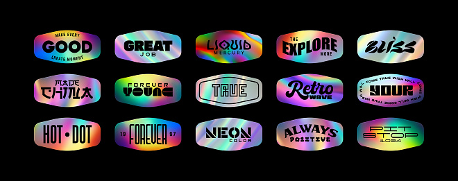 Iridescent holographic foil stickers. Colorful holo emblems, rectangle original and quality guaranteed labels. Textured foiled shape. Vector illustration