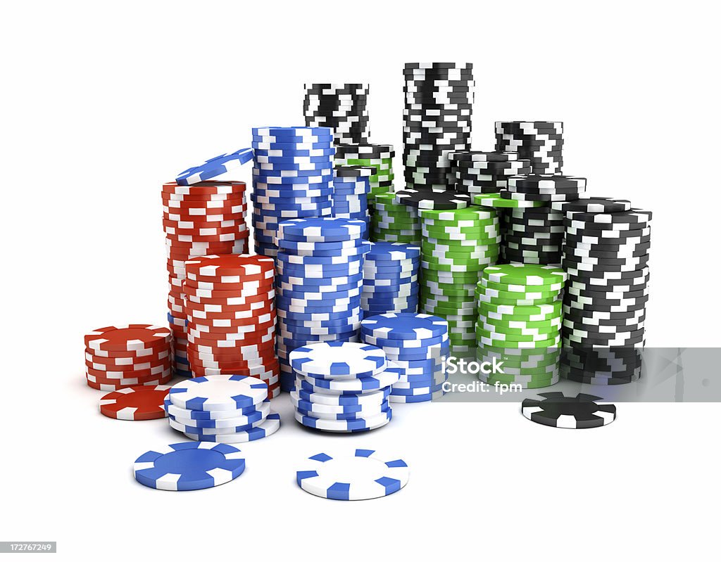 Poker Chips Royalty free 3d rendering of piles of perfectly smooth colored gambling chips isolated on white. Gambling Chip Stock Photo