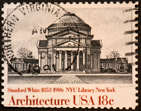 postage stamp honoring architect Stanford White and his design of the NYU library.