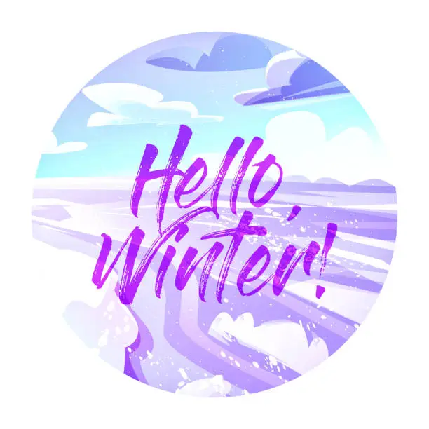 Vector illustration of Hello winter! Winter village landscape with snow-covered road. Creative circular vector illustration in cartoon style.