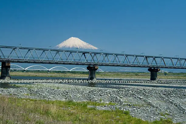 The shinkansen track and the pipeline  above the Fuji riverbed and mountain Fuji. Japan.
