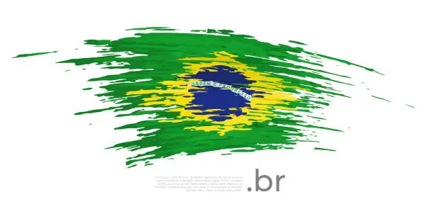 Vector illustration of Brazil flag. Brush painted brazilian flag on a white background. Brush strokes, grunge. Vector design national poster, template. Place for text.  State patriotic banner of brazil, flyer. Copy space