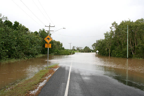 istock A roadside flooded with muddy water and a kangaroo sign 172768844