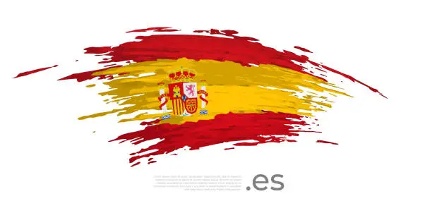 Vector illustration of Spain flag. Brush strokes, grunge. Colored stripes spanish flag on a white background. Vector design of national poster, template. Place for text. Copy space. State spanish patriotic banner, flyer