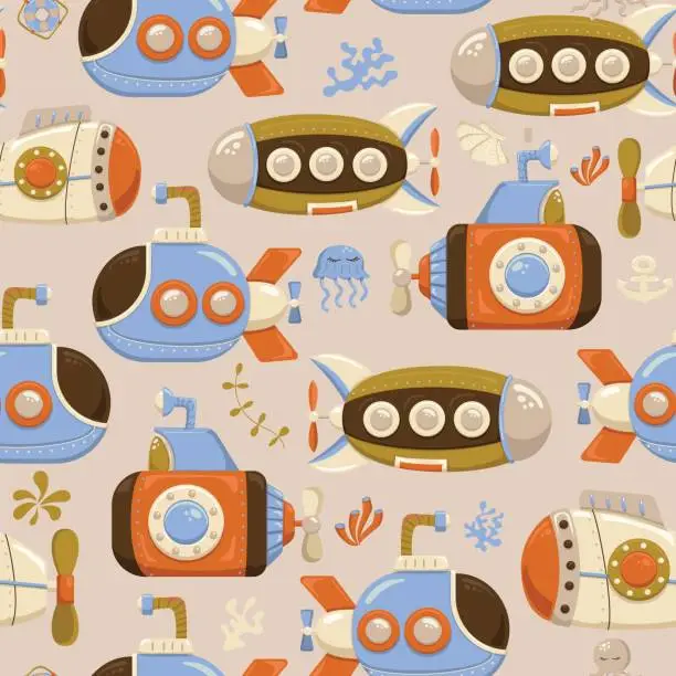 Vector illustration of Bright seamless pattern with submarines and marine inhabitants. Designed for printing, fabrics, textiles, postcards. Children's pattern with ships. Marine print. Submarine. Vector illustration