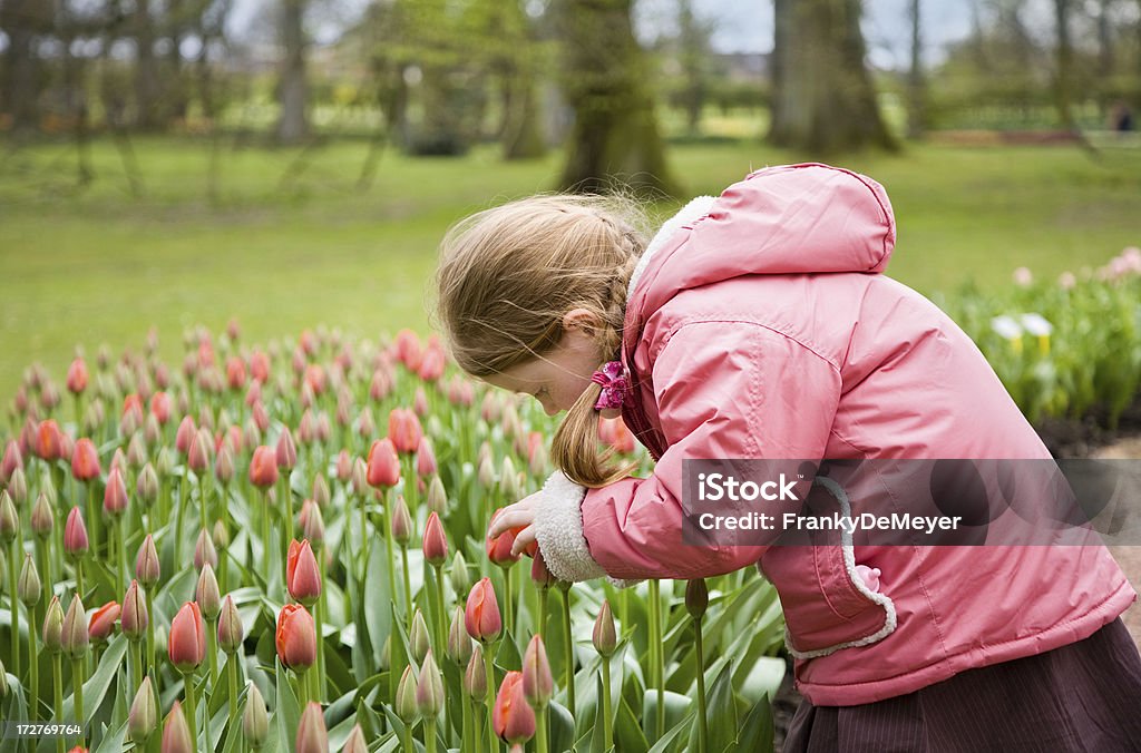 Młoda dziewczyna zapachu Tulipany w parku - Zbiór zdjęć royalty-free (4 - 5 lat)