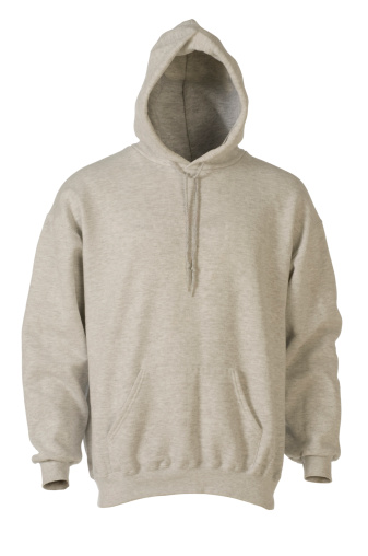 Front view of gray long sleeved hooded sweatshirt with drawstring. Isolated on 255 white background.(3/4 view#10473627)
