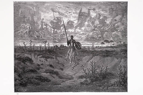Don Quixote "Don Quixote setting out on his adventures. Engraving from 1870. Engraving by Gustave Dore, Photo by D Walker." don quixote stock illustrations