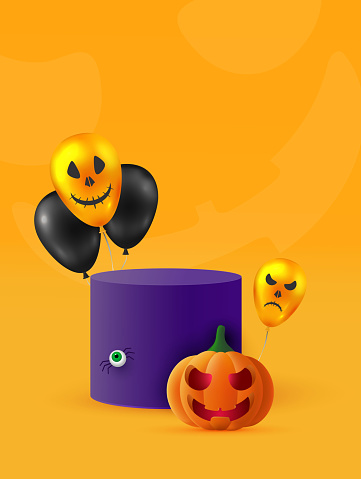 A cylindrical podium or plinth on a minimum stage area. Mockup studio for product presentation, branding design. Halloween background. Vector illustration.
