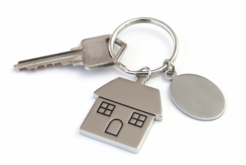 Isolated silver house shaped keychain with a blank tag, great for adding a. You may also like: