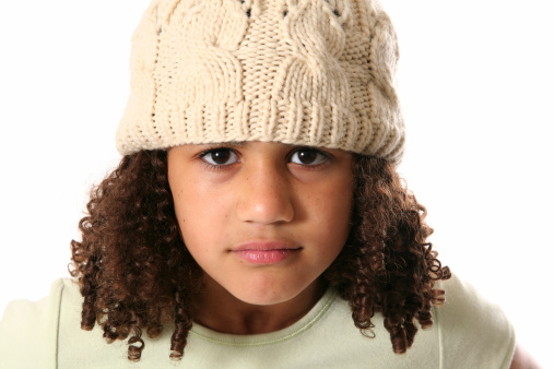 Mad little girl in a knit hat