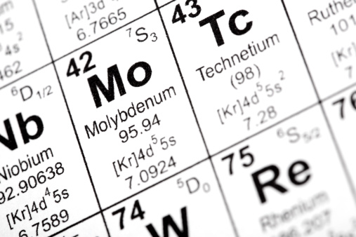 Chemical element symbol for Molybdenum from the periodic table of the elements. Taken from public domain periodic table from nist.gov. Similar images of other elements are available for viewing in the