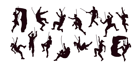 Climber black silhouettes. Rock climb wall. Danger mountain adventures. Free man. Male on extreme cliff. Freedom activity. Bouldering training. Mountaineer exercises. Vector exact illustration set