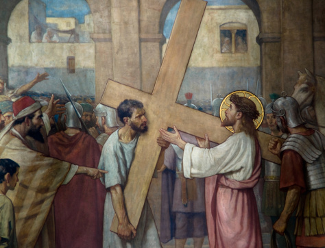Wall painting from the st. Nicolaas church in Amsterdam showing Jesus Christ taking on the cross. The painting was made by Jan Dunselman (1863-1931) around the year 1897.