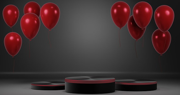 Black Friday Sale. Podium and inflatable balloons. 3D rendering