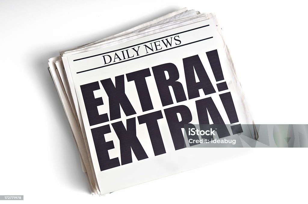Daily Extra! Newspaper Headline on White Background Daily newspaper announcing "EXTRA! EXTRA!" Newspaper Headline Stock Photo