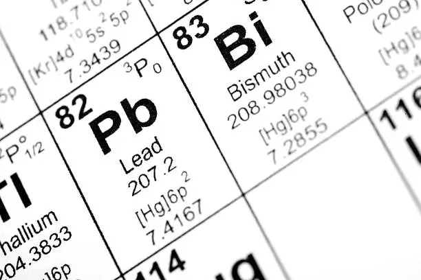Chemical element symbols for lead and bismuth from the periodic table of the elements. Taken from public domain periodic table from nist.gov. Similar images of other elements are available for viewing in the