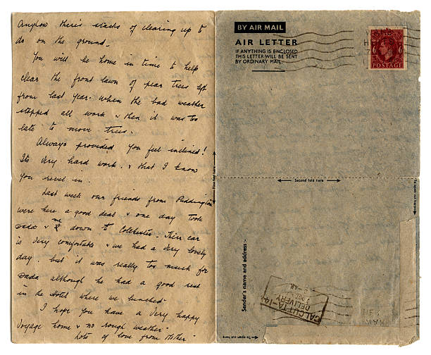 Hand written air letter to India Part of an air letter sent to India in 1947, about 6 weeks after the country's independence from Britain. It was sent to a military gentleman by his mother and contains family news. george vi stock pictures, royalty-free photos & images