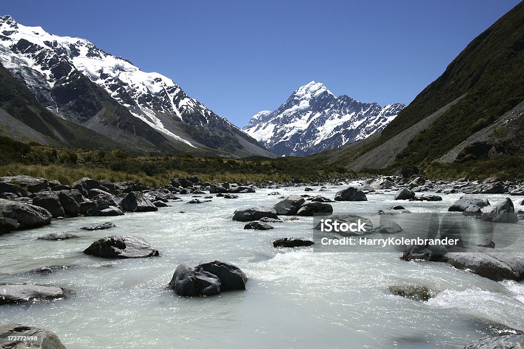 Hooker Valley River in Mount Cook National Park Hooker Valley River in Mount Cook National Park, New Zealand. Canterbury Region New Zealand Stock Photo