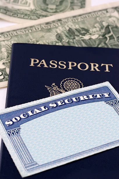 cartão de social security & passport - social security social security card identity us currency - fotografias e filmes do acervo