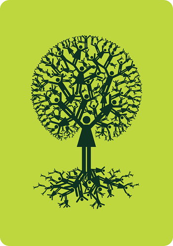 Round tree with standard man, woman girl and boy symbols as it's leaves and branches.