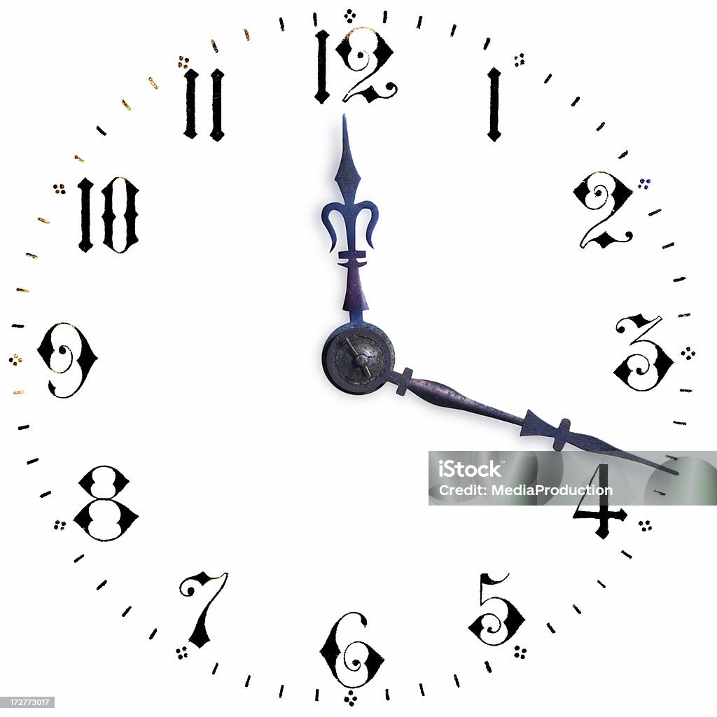 clock face clock face,, isolated on white,, ink of the letters are faded/cracked. Antique Stock Photo
