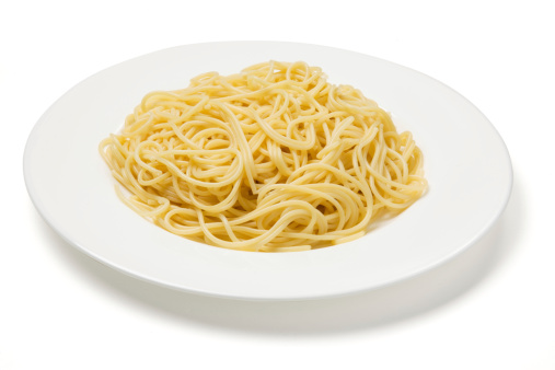 Plate of spaghetti pasta isolated on white with clipping path.
