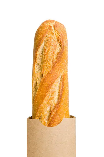 A fresh baguette in a paper bag. Isolated against a pure white background.