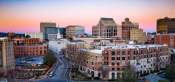 This is a high angle view of downtown Greenville, South Carolina on at dusk in winter.