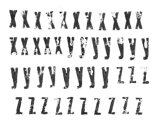 활판 인쇄 소문자 알파벳-x - z - letterpress rubber stamp lowercase alphabet 뉴스 사진 이미지