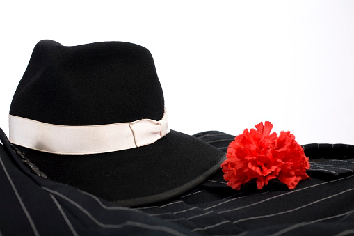 1920's style suit with red carnation in lapel and stylish hat.  Gangster style clothing.