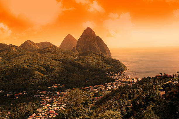 Sunset on St Lucia Pitons stock photo