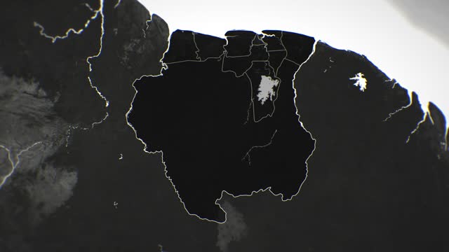 Zoom in on monochrome map of Suriname, 4K, high quality, dark theme, simple world map, monochrome style, night, highlighted country and cities, satellite and aerial view of provinces, state, city,