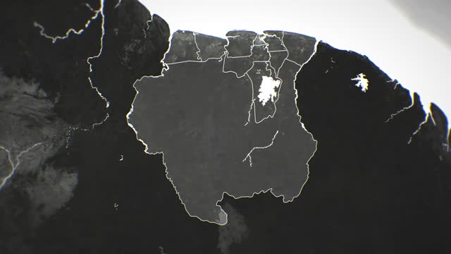 Zoom in on monochrome map of Suriname, 4K, high quality, dark theme, simple world map, monochrome style, night, highlighted country and cities, satellite and aerial view of provinces, state, city,