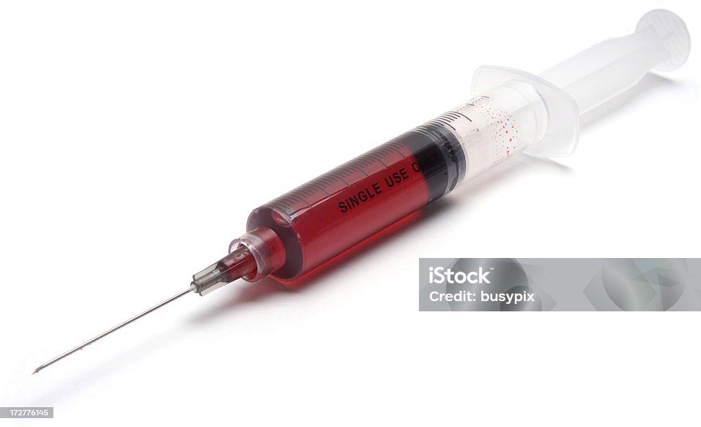 Isolated Syringe with Blood A syringe filled with blood on a white background AIDS Stock Photo