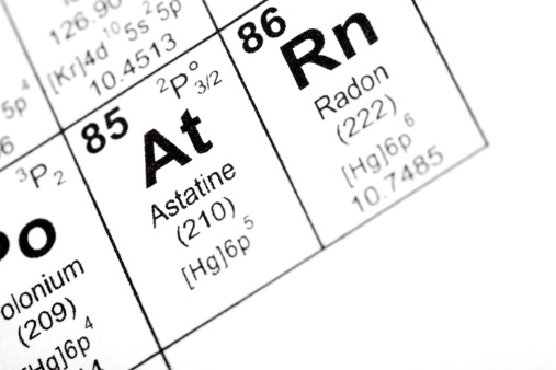 Chemical element symbols of astatine and radon from the periodic table of the elements. Taken from public domain periodic table from nist.gov. Similar images of other elements are available for viewing in the Science Elements lightbox.