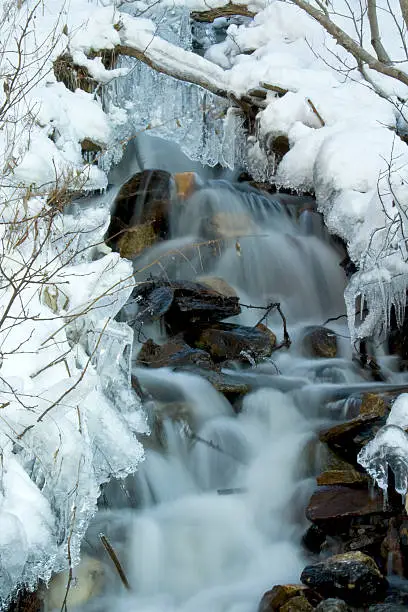 A waterfall slowly freezing to ice during the cold winter of northern Norway