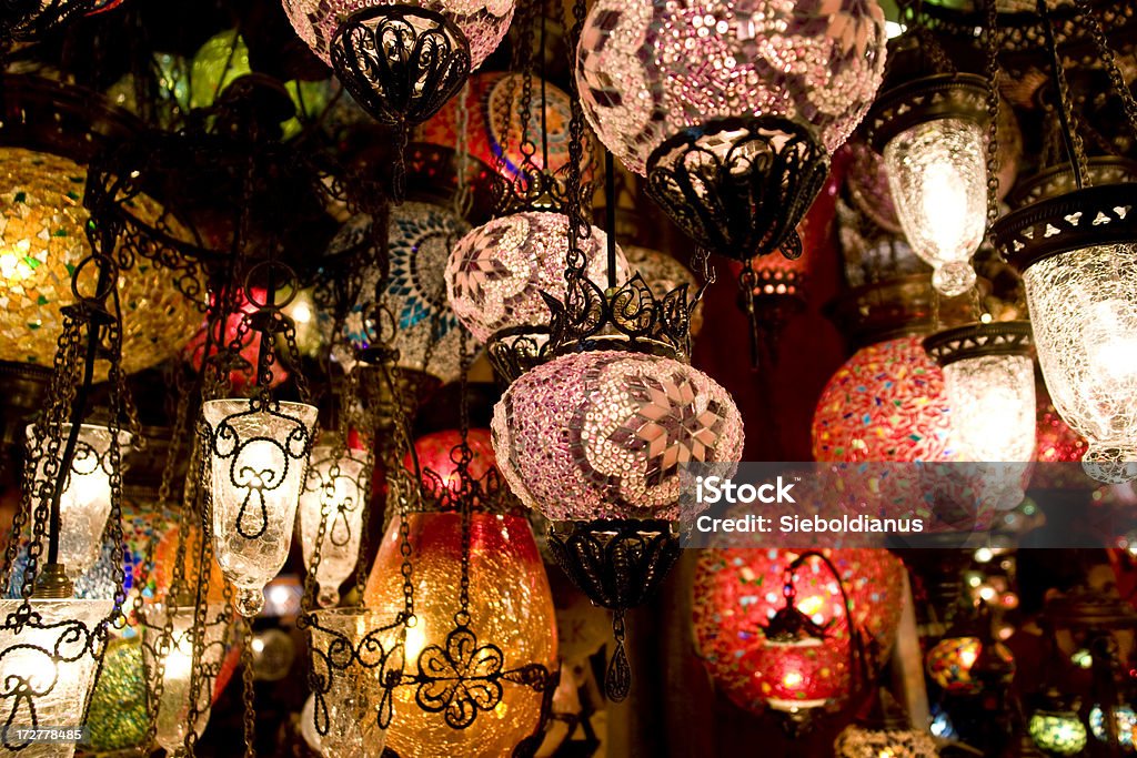 Turkish lamps at Grand Bazaar in Istanbul, Turkey A collection of bright, colorful Turkish lamps on the Grand Bazaar in Istanbul, Turkey. Arabic Style Stock Photo
