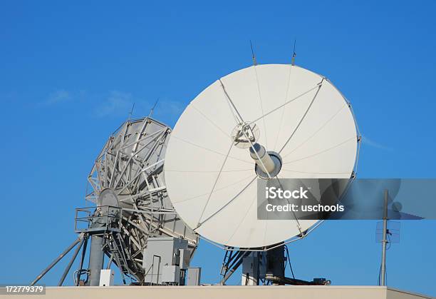 Telecommunications Satellites Dishes Stock Photo - Download Image Now - Antenna - Aerial, Broadcasting, Communication