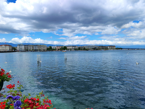Geneva lake with blue sky and white clouds