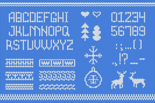 Sweater font. Crocheted sweaters letters knitting font, ugly folk christmas jumper embroidery design norway xmas party, crochet wool pattern vector illustration of sweater crochet design pattern