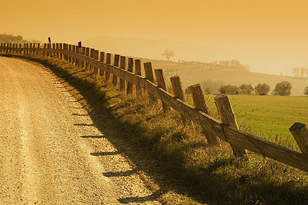 istock Rural village road with fields and sky in background 172780629