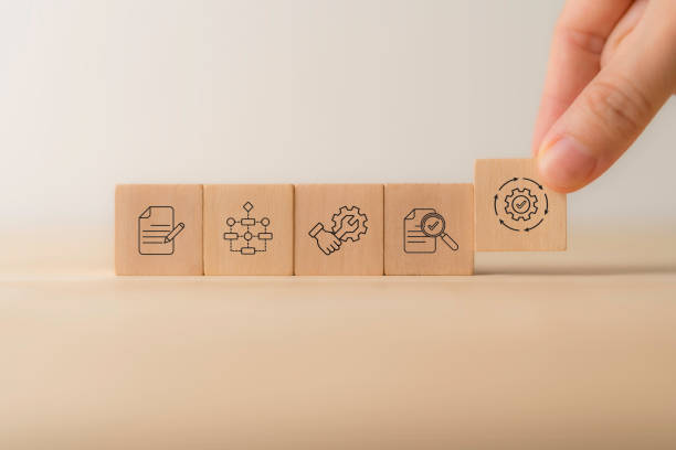 istock BPM Business Process Management concept. The tool for businesses to optimize operations, streamline processes, improve efficiency, and reduce costs. Placing wooden cube block with BPM text and icons. 1727808550